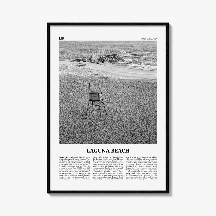 Laguna Beach no. 2 black & white newspaper poster of California, USA – vertical wall art, unframed print shown in interior mo
