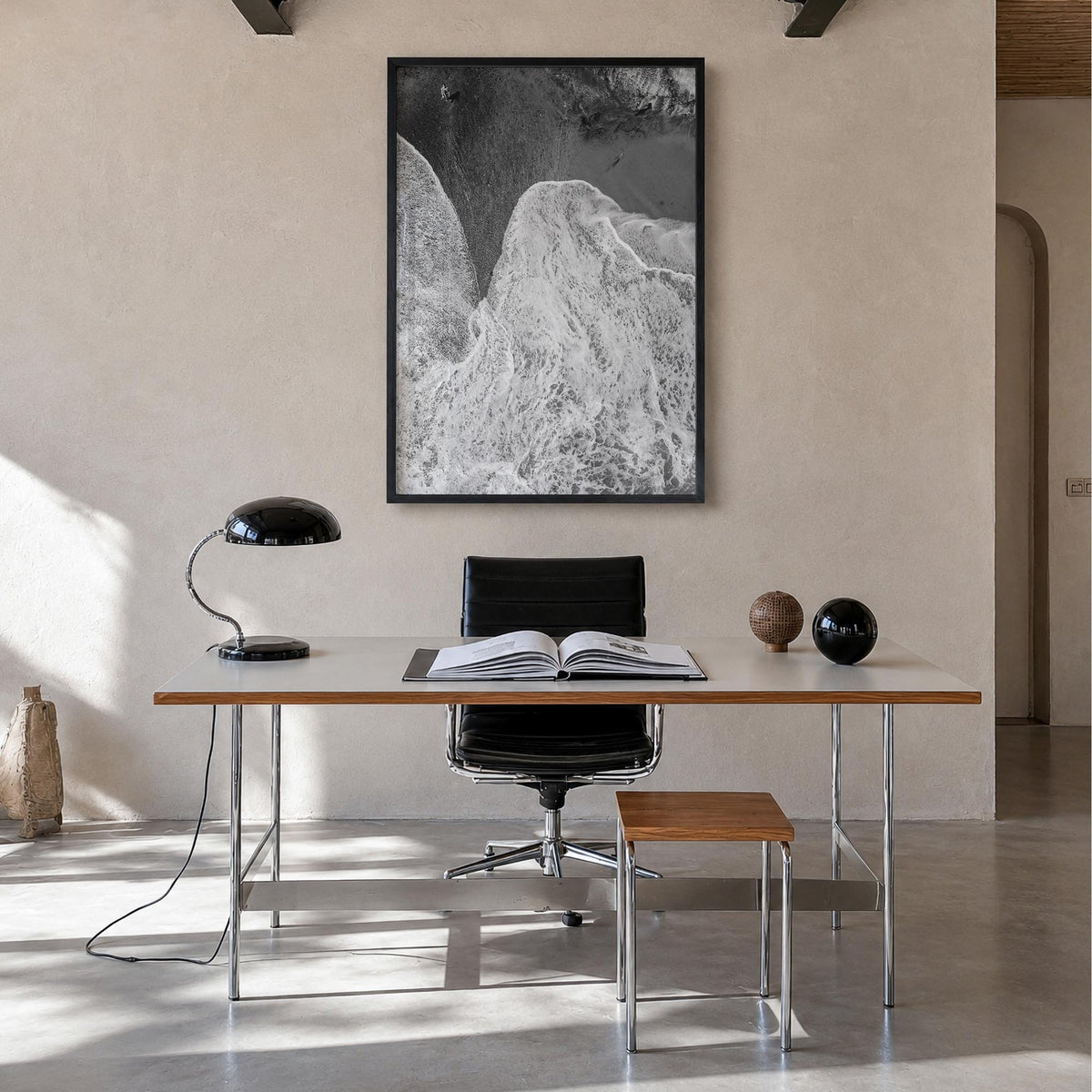 Laguna Beach no. 2 black & white photo poster of California, USA – vertical wall art in black wood frame, hanging on wall