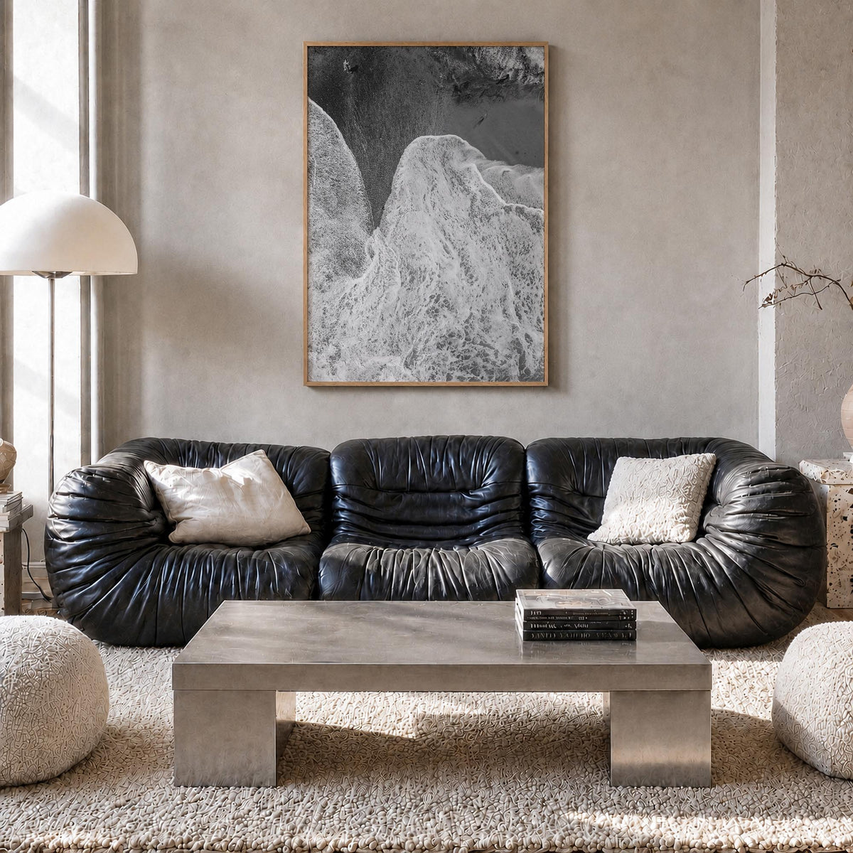 Laguna Beach no. 2 black & white photo poster of California, USA – vertical wall art in natural wood frame, hanging on wall