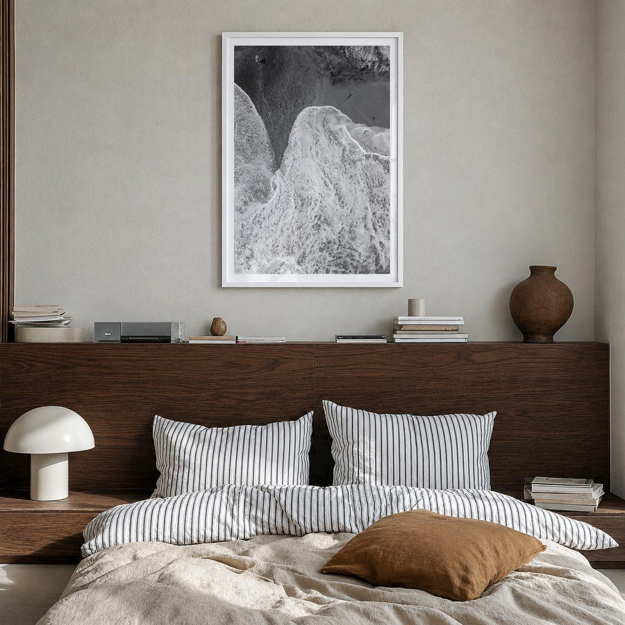 Laguna Beach no. 2 black & white photo poster of California, USA – vertical wall art in white wood frame with white border, h