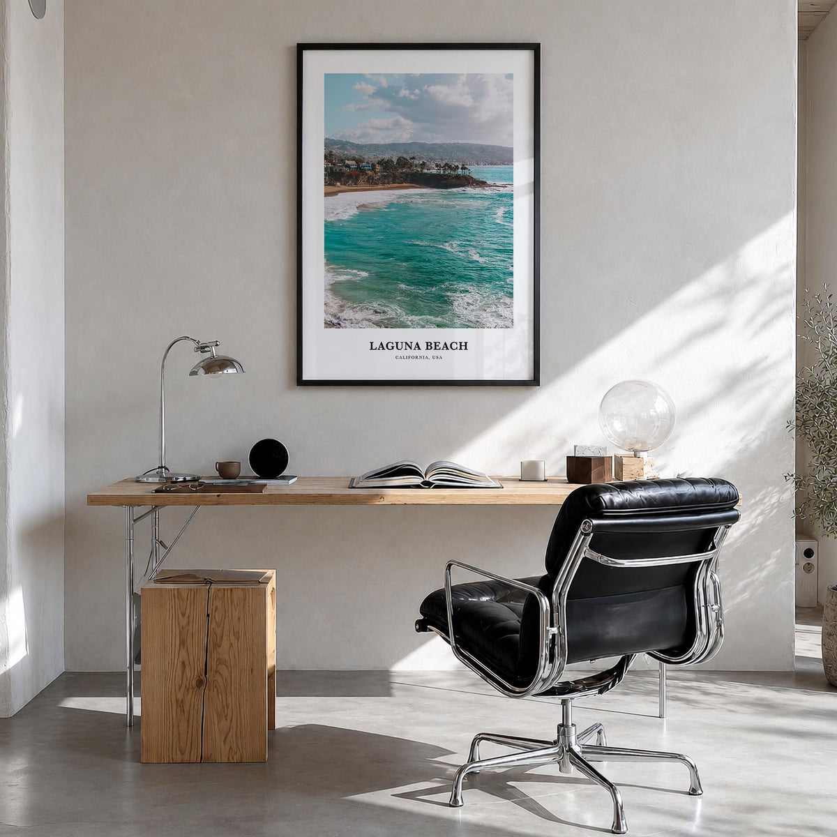 Laguna Beach no. 2 colorful classic poster of California, USA – vertical wall art in black wood frame, hanging on wall