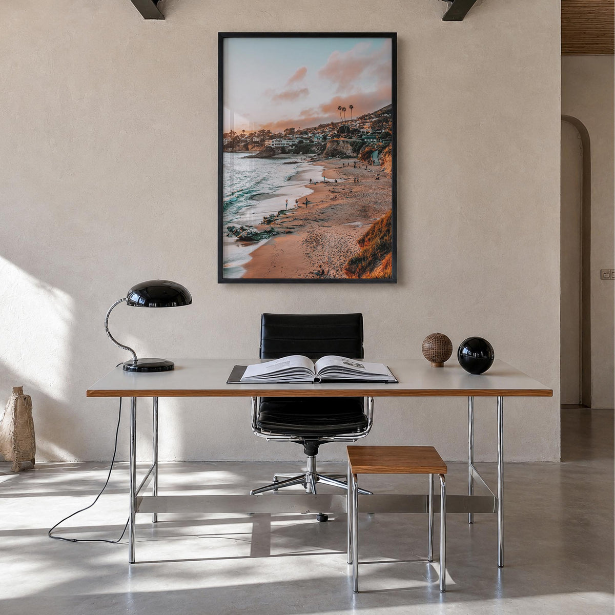 Laguna Beach no. 2 colorful photo poster of California, USA – vertical wall art in black wood frame, hanging on wall