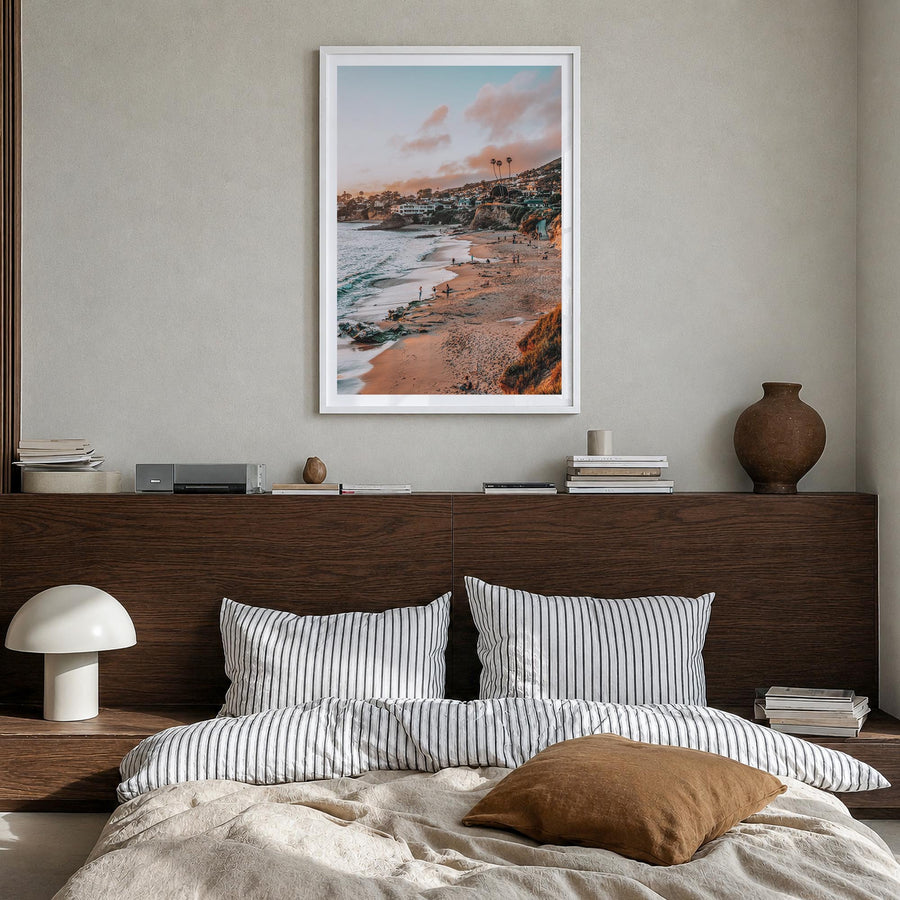 Laguna Beach no. 2 colorful photo poster of California, USA – vertical wall art in white wood frame with white border, hangin