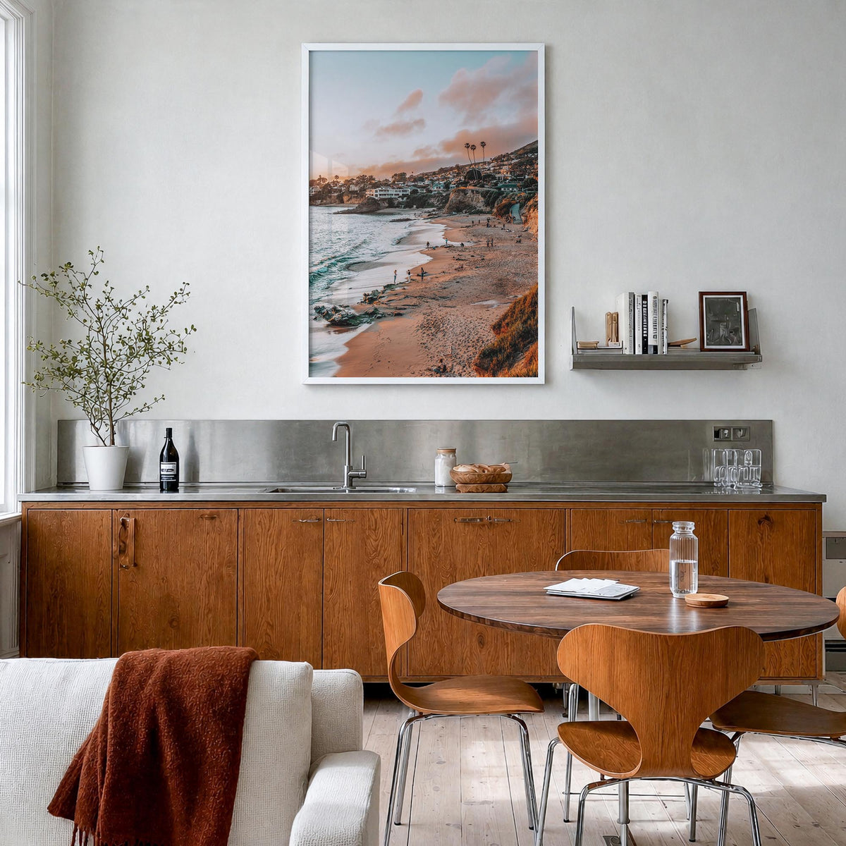 Laguna Beach no. 2 colorful photo poster of California, USA – vertical wall art in white wood frame, hanging on wall