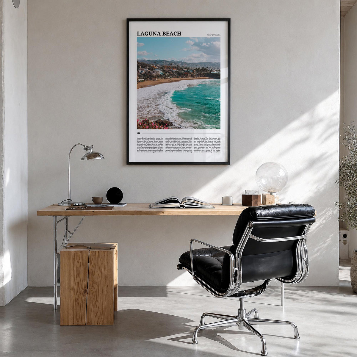 Laguna Beach no. 2 colorful travel poster of California, USA – vertical wall art in black wood frame, hanging on wall