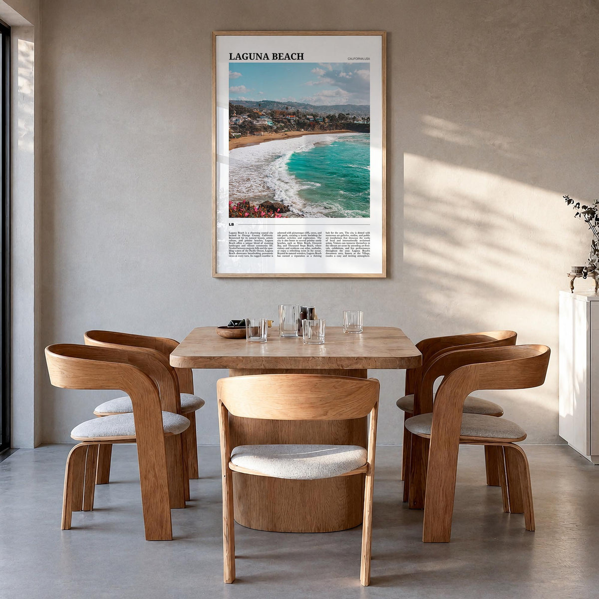 Laguna Beach no. 2 colorful travel poster of California, USA – vertical wall art in natural wood frame, hanging on wall
