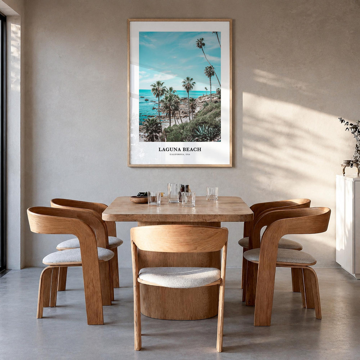Laguna Beach no. 3 colorful classic poster of California, USA – vertical wall art in natural wood frame, hanging on wall