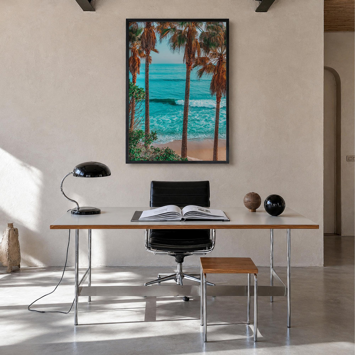 Laguna Beach no. 3 colorful photo poster of California, USA – vertical wall art in black wood frame, hanging on wall