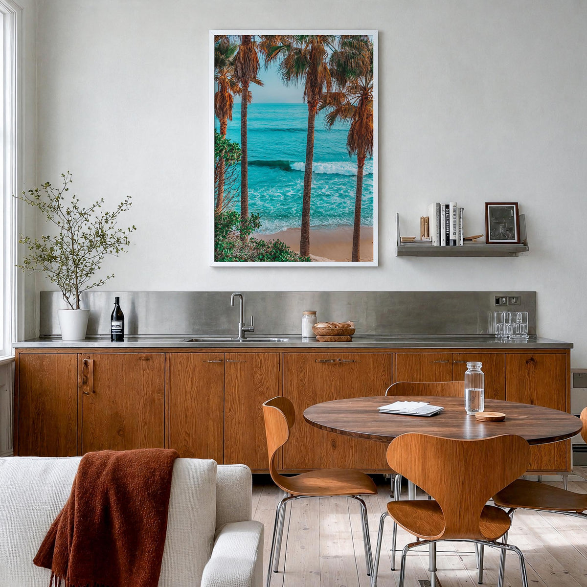 Laguna Beach no. 3 colorful photo poster of California, USA – vertical wall art in white wood frame, hanging on wall