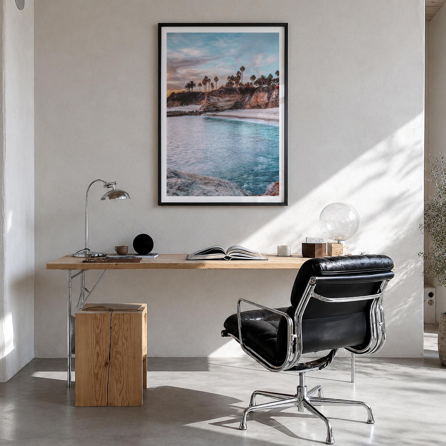 Laguna Beach no. 4 colorful photo poster of California, USA – vertical wall art in black wood frame with white border, hangin