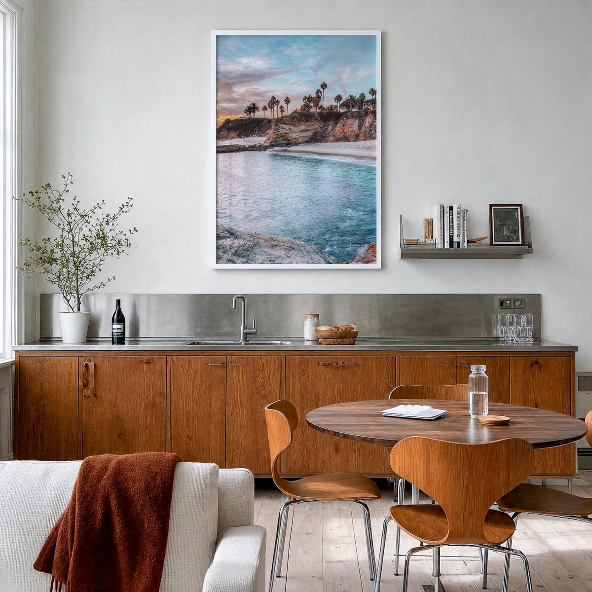 Laguna Beach no. 4 colorful photo poster of California, USA – vertical wall art in white wood frame, hanging on wall