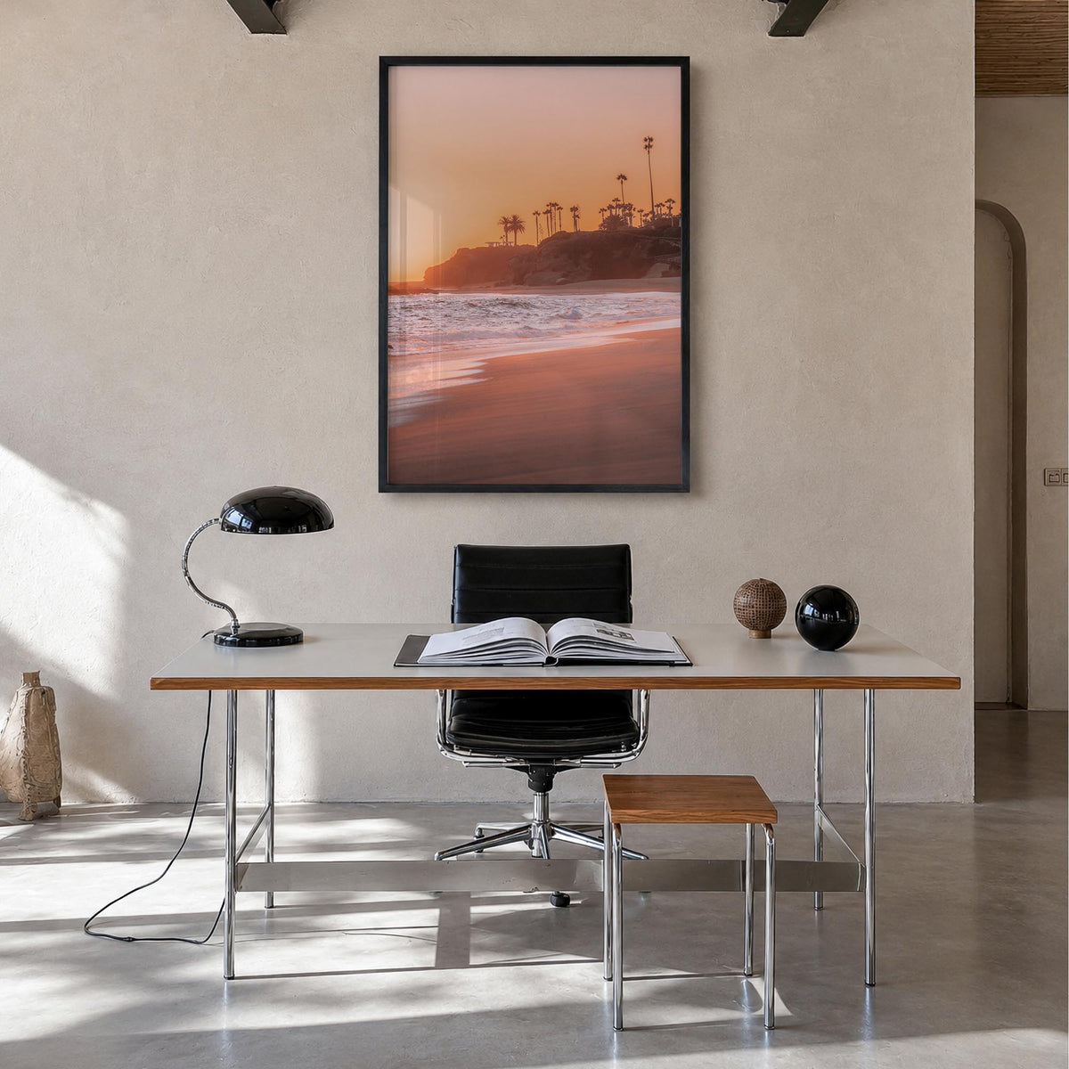 Laguna Beach no. 5 colorful photo poster of California, USA – vertical wall art in black wood frame, hanging on wall