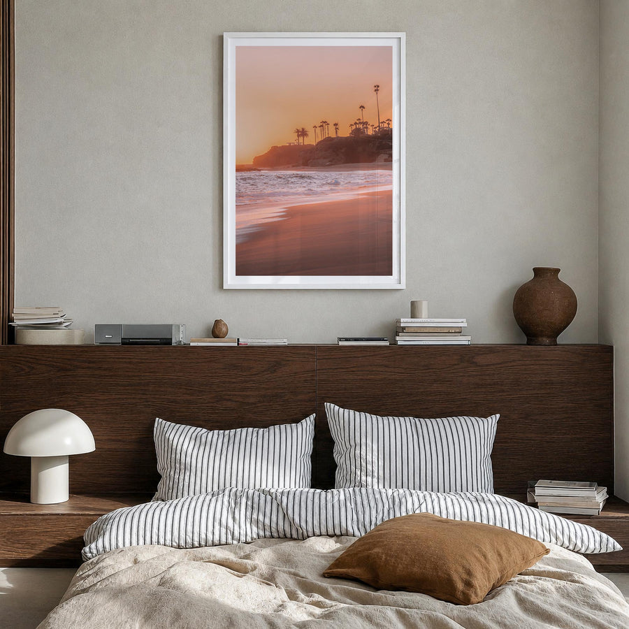Laguna Beach no. 5 colorful photo poster of California, USA – vertical wall art in white wood frame with white border, hangin
