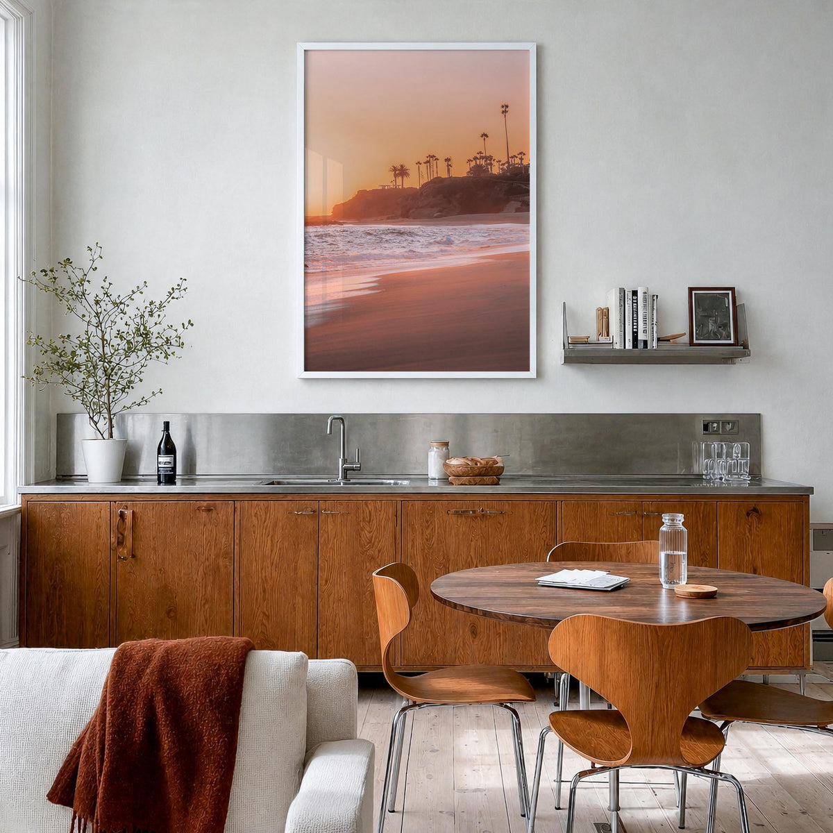 Laguna Beach no. 5 colorful photo poster of California, USA – vertical wall art in white wood frame, hanging on wall