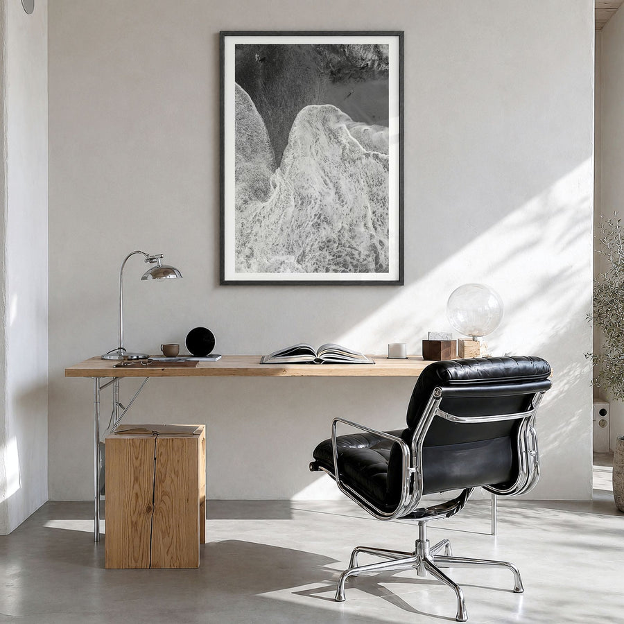 Laguna Beach Photo No 2 Poster in a black wood frame, hanging in a bright home office, white border