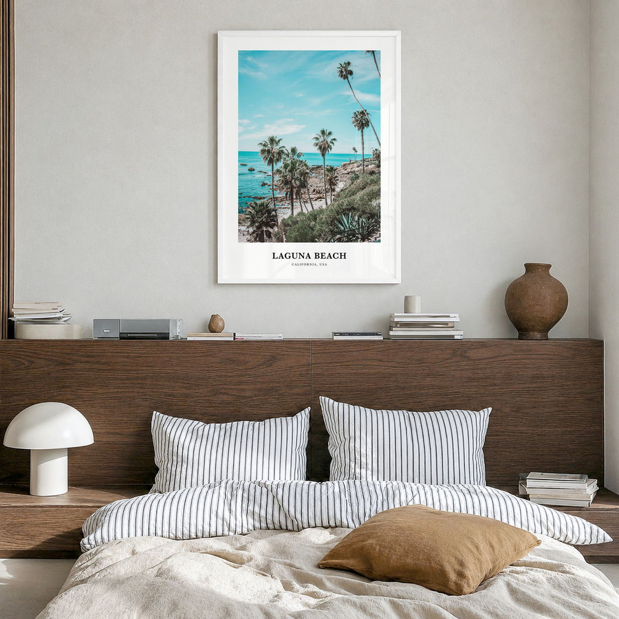 Laguna Beach Classic No 3 Poster in a white wood frame, hanging in a bedroom
