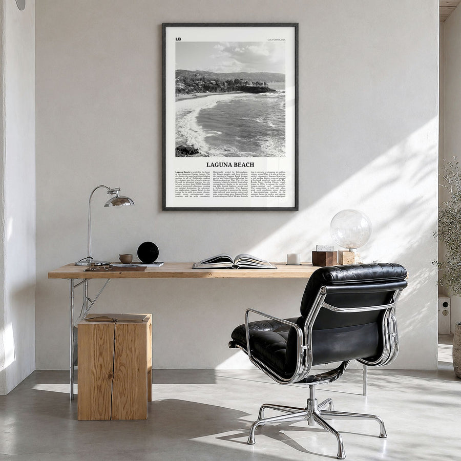Laguna Beach Newspaper No 1 Poster in a black wood frame, hanging in a bright home office