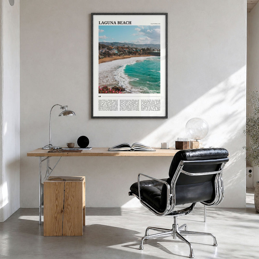 Laguna Beach Travel No 2 Poster in a black wood frame, hanging in a bright home office