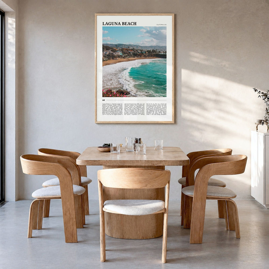Laguna Beach Travel No 2 Poster in a natural wood frame, hanging in a dining room