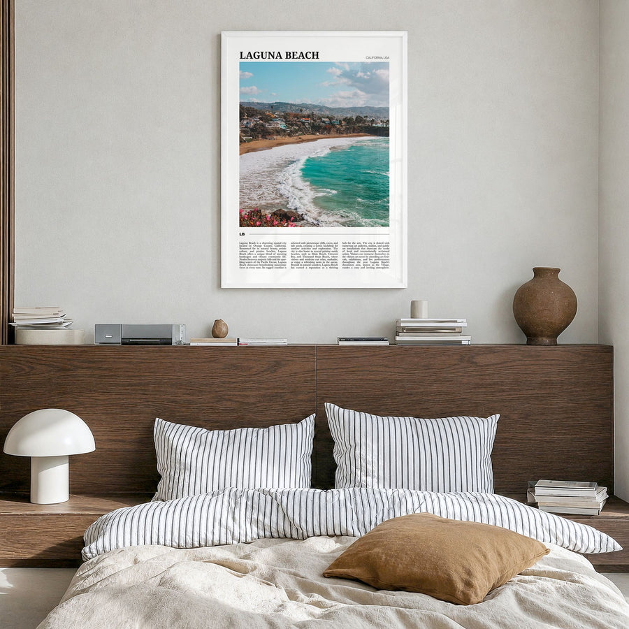 Laguna Beach Travel No 2 Poster in a white wood frame, hanging in a bedroom