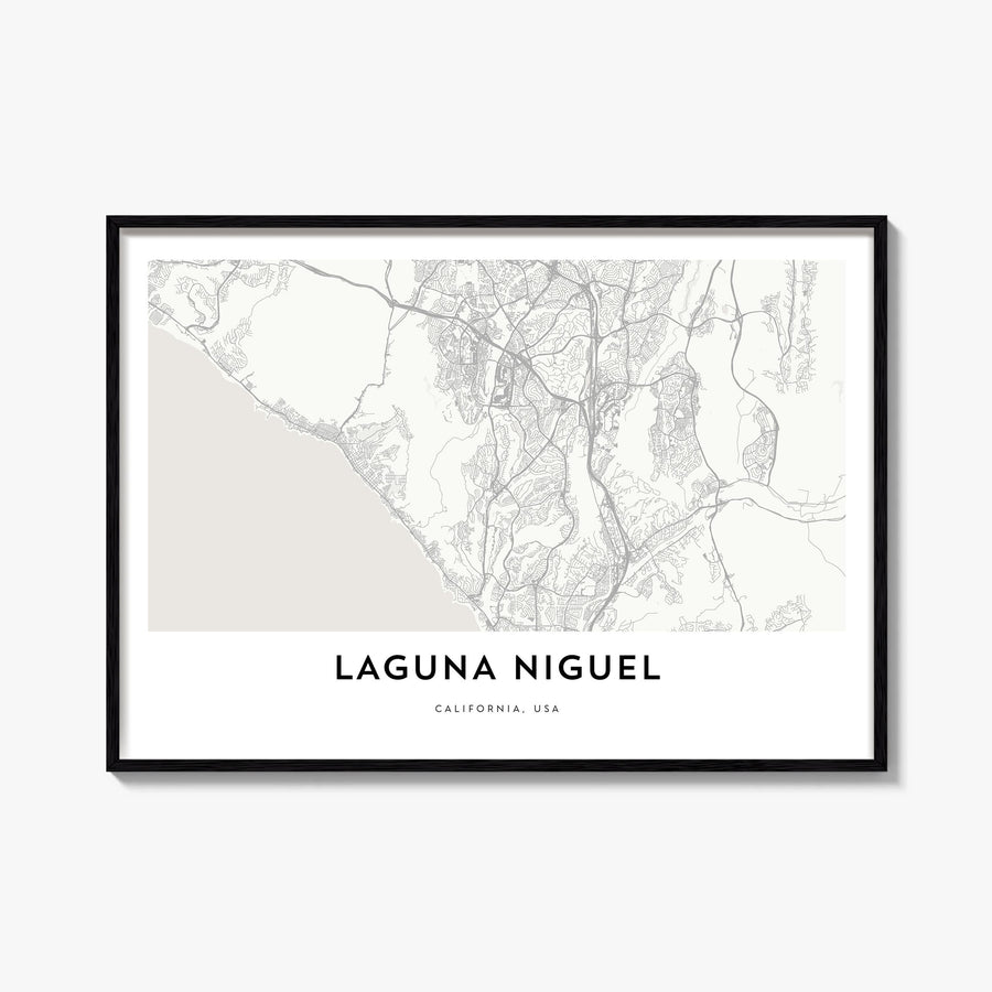 Laguna Niguel black & white map poster of California, USA – horizontal wall art, unframed print shown in interior mockup