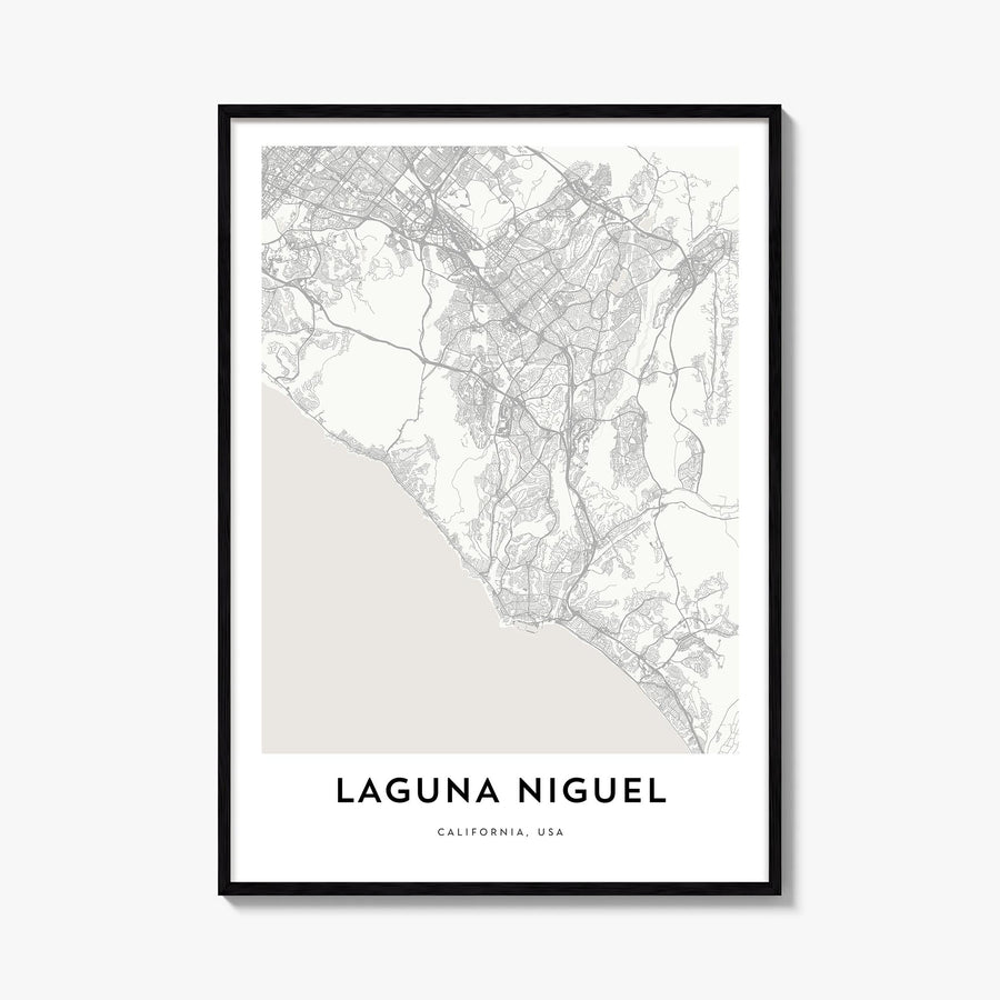 Laguna Niguel black & white map poster of California, USA – vertical wall art, unframed print shown in interior mockup