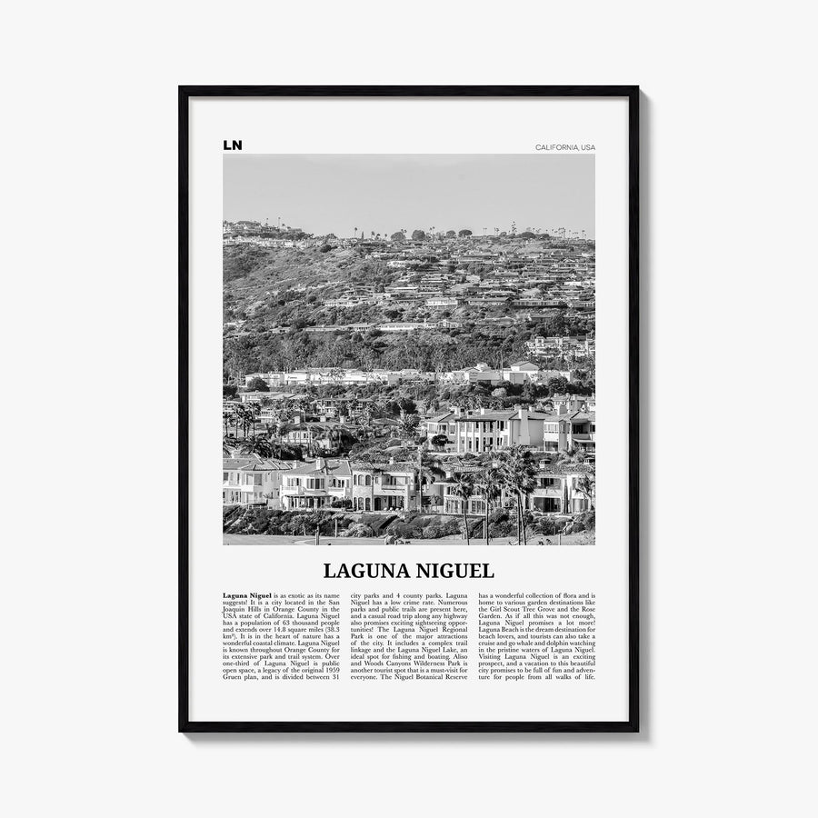 Laguna Niguel black & white newspaper poster of California, USA – vertical wall art, unframed print shown in interior mockup