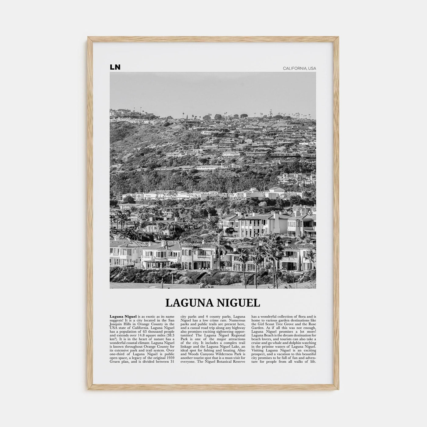 Laguna Niguel Poster Natural Wood / 8x12 in Nbourhood Travel B&W Poster