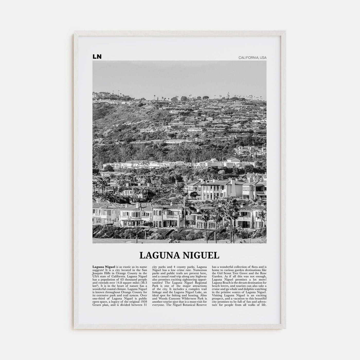 Laguna Niguel Poster White Wood / 8x12 in Nbourhood Travel B&W Poster