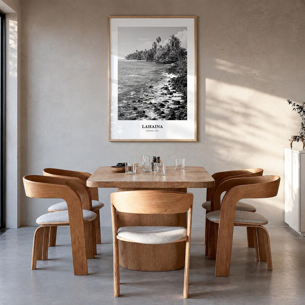 Lahaina black & white classic poster of Hawaii, USA – vertical wall art in natural wood frame, hanging on wall