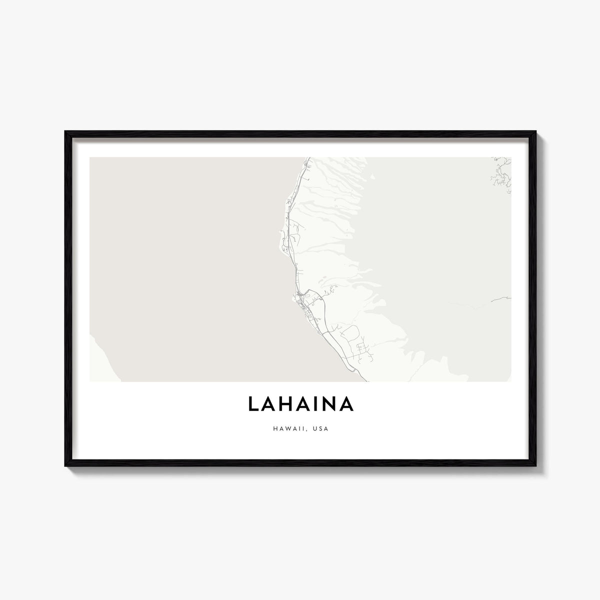 Lahaina black & white map poster of Hawaii, USA – horizontal wall art, unframed print shown in interior mockup