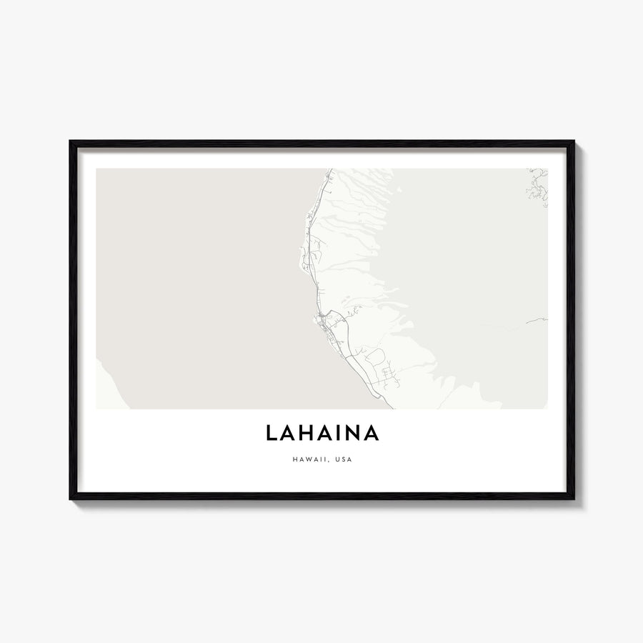 Lahaina black & white map poster of Hawaii, USA – horizontal wall art, unframed print shown in interior mockup