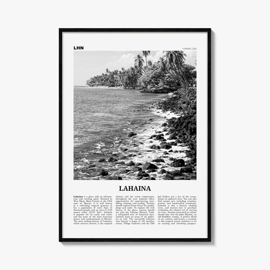 Lahaina black & white newspaper poster of Hawaii, USA – vertical wall art, unframed print shown in interior mockup