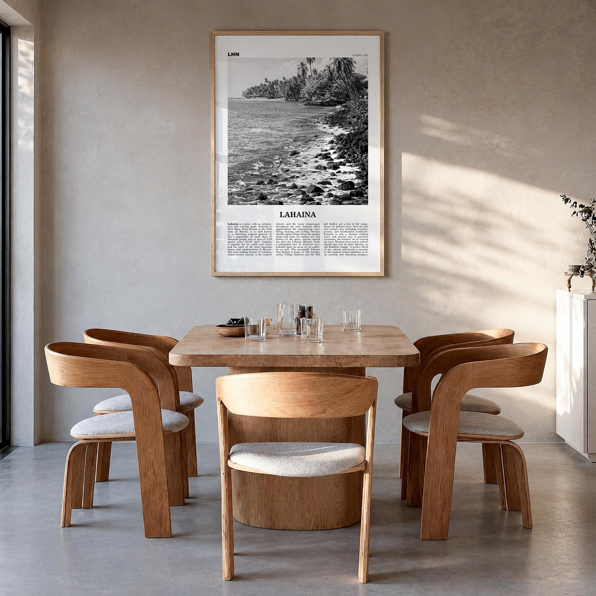 Lahaina black & white newspaper poster of Hawaii, USA – vertical wall art in natural wood frame, hanging on wall