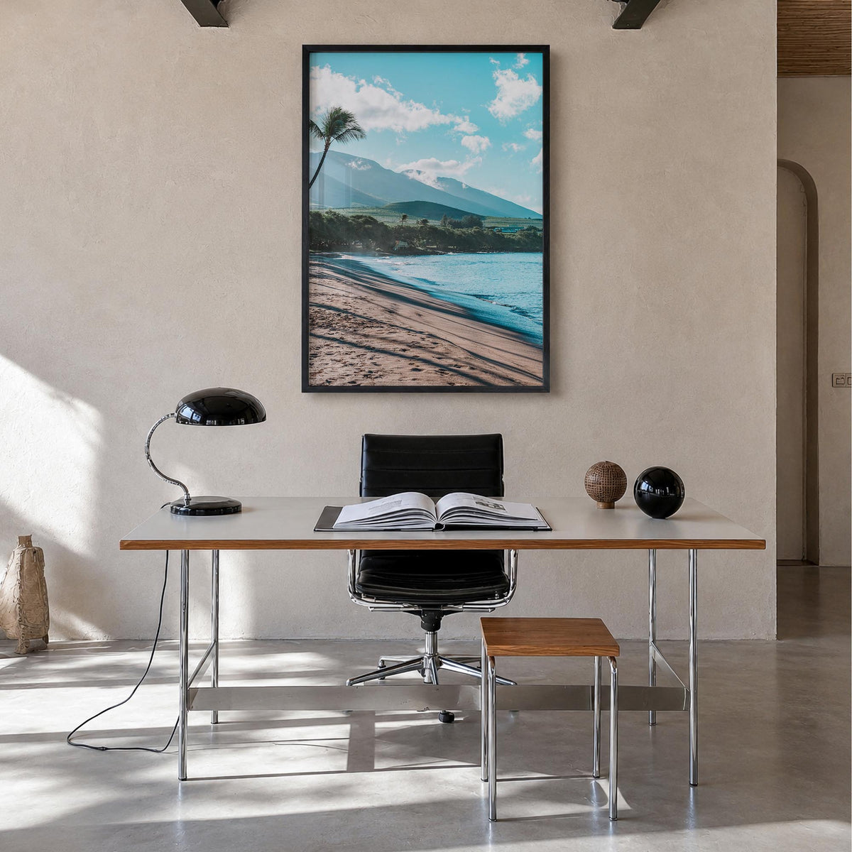 Lahaina colorful photo poster of Hawaii, USA – vertical wall art in black wood frame, hanging on wall