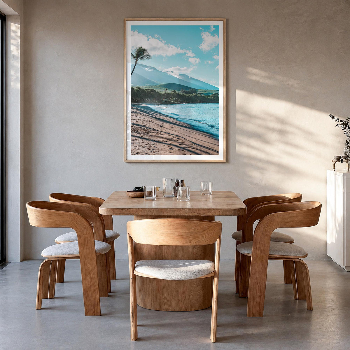 Lahaina colorful photo poster of Hawaii, USA – vertical wall art in natural wood frame with white border, hanging on wall