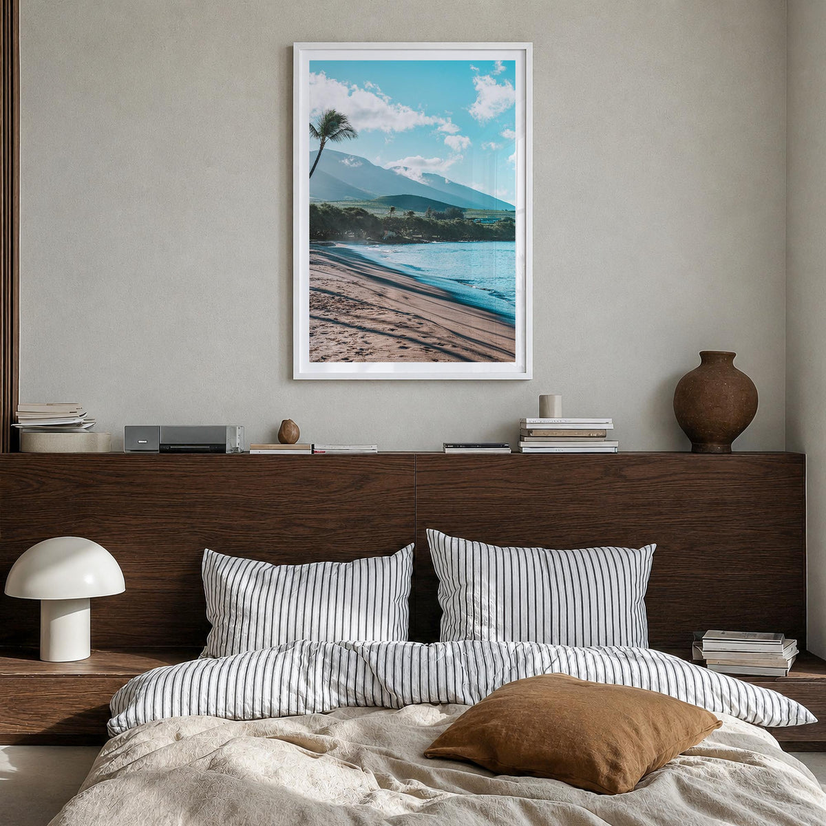 Lahaina colorful photo poster of Hawaii, USA – vertical wall art in white wood frame with white border, hanging on wall