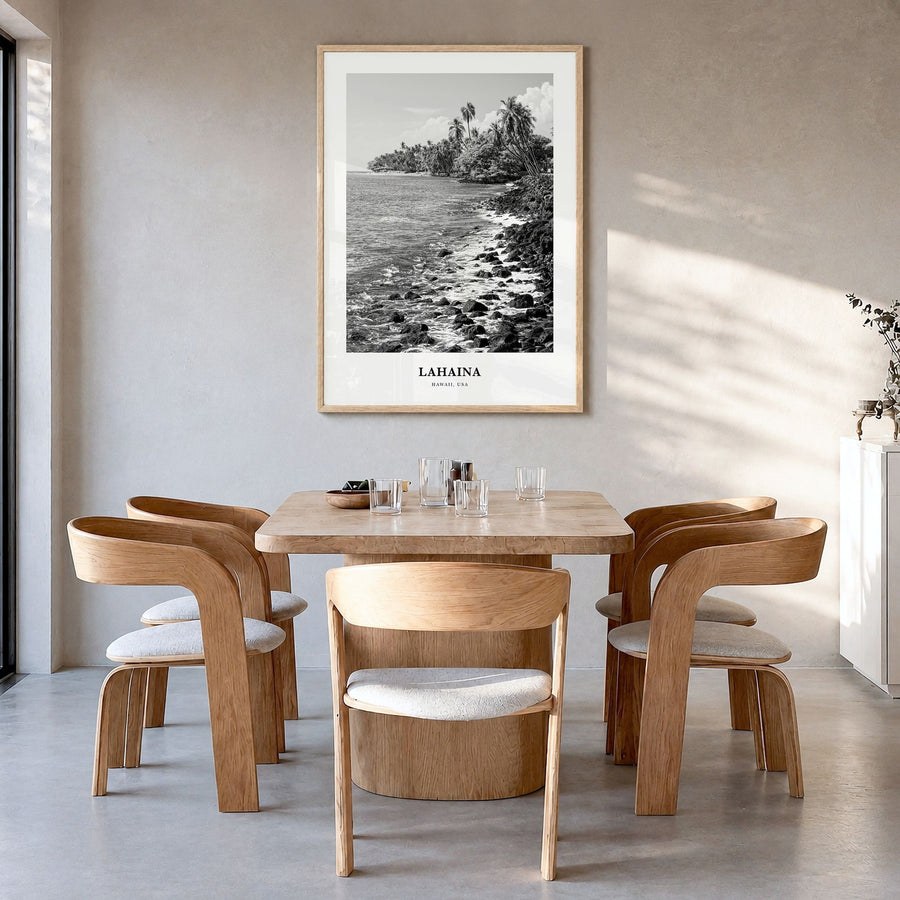 Lahaina Classic Poster in a natural wood frame, hanging in a dining room