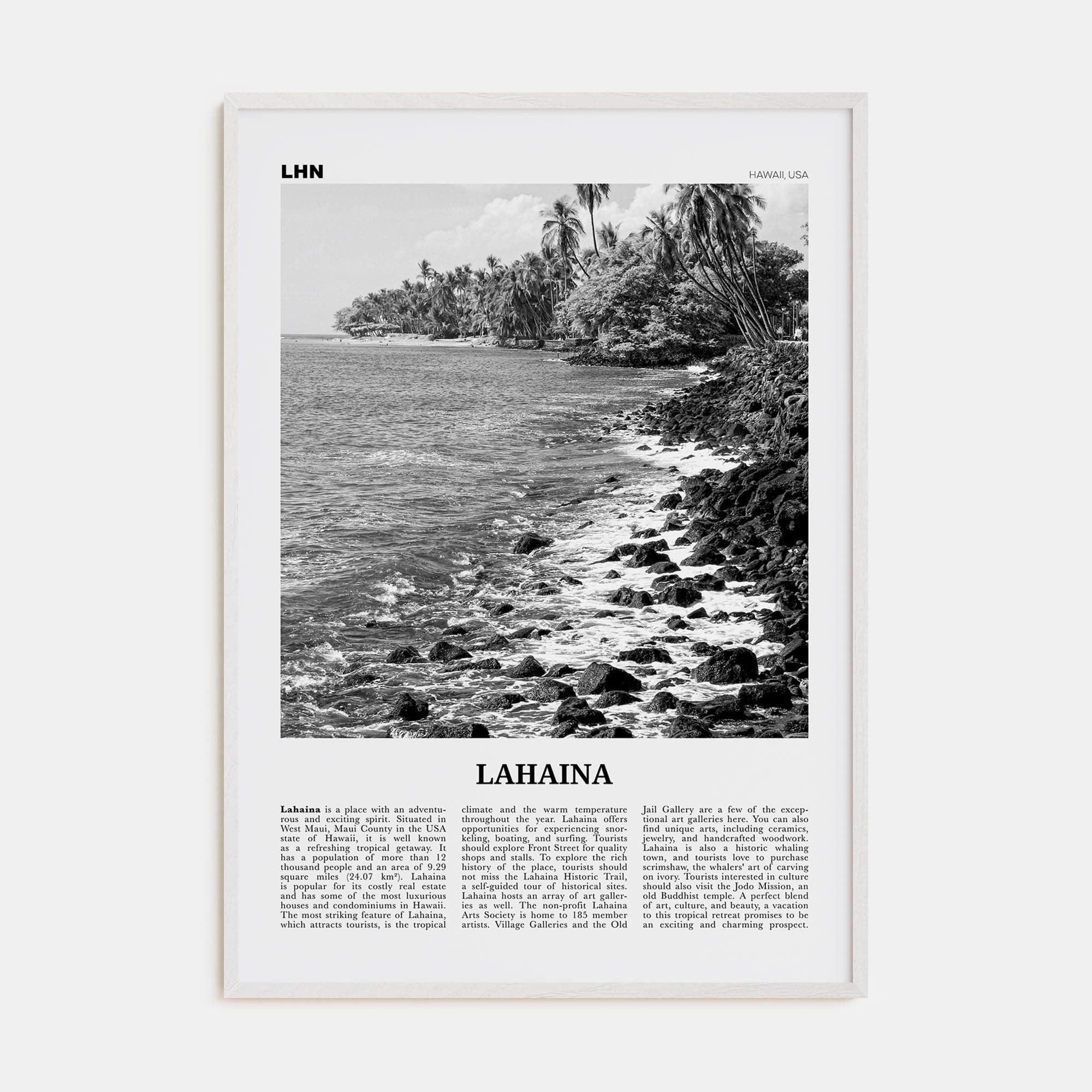 Lahaina Poster White Wood / 8x12 in Nbourhood Travel B&W Poster