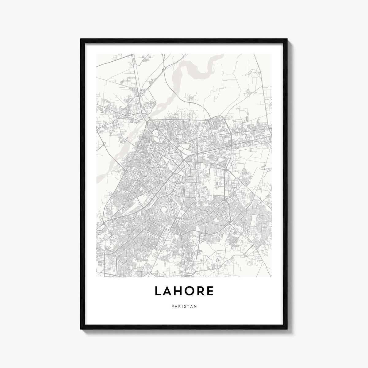 Lahore black & white map poster of Pakistan – vertical wall art, unframed print shown in interior mockup
