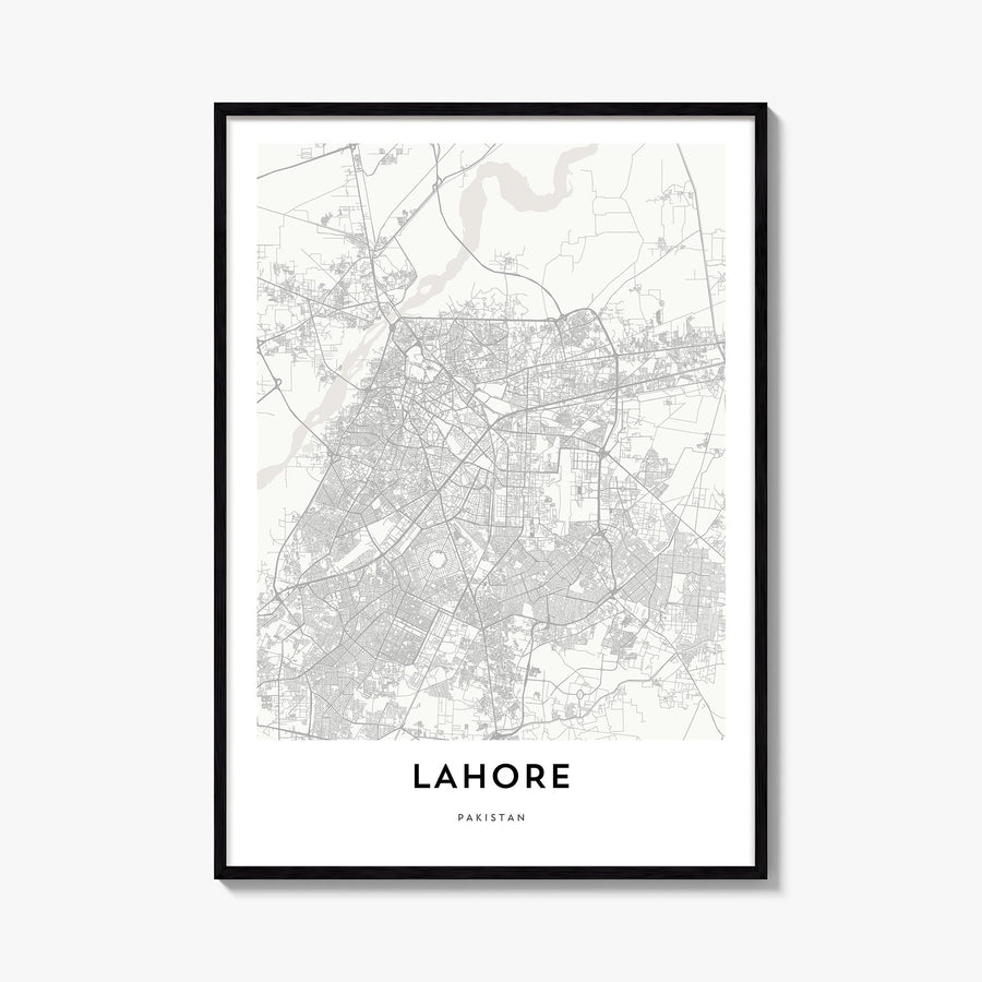 Lahore black & white map poster of Pakistan – vertical wall art, unframed print shown in interior mockup