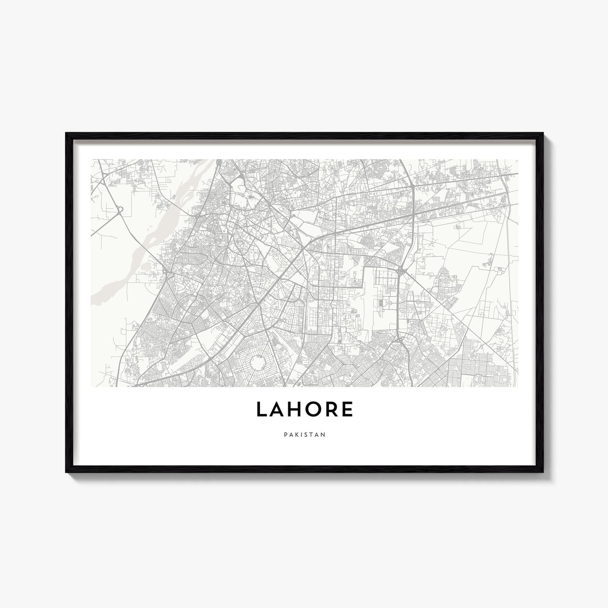 Lahore black & white map poster of Pakistan – horizontal wall art, unframed print shown in interior mockup