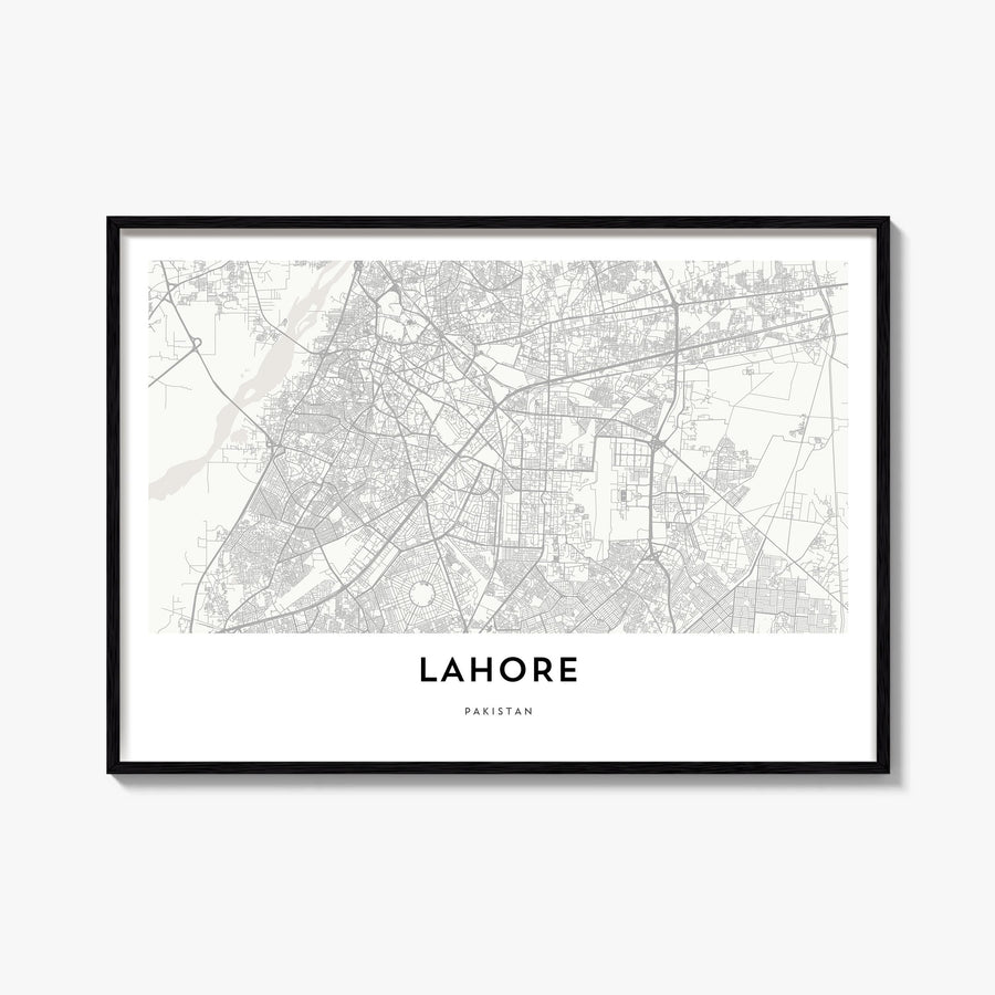 Lahore black & white map poster of Pakistan – horizontal wall art, unframed print shown in interior mockup