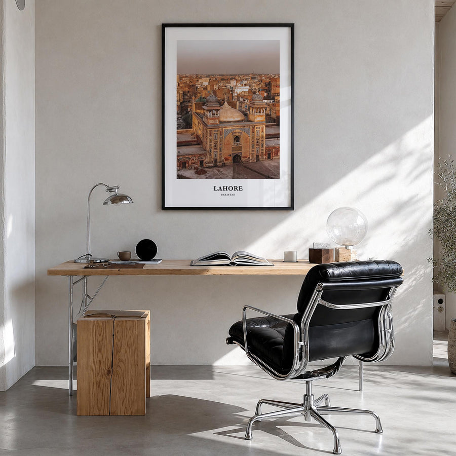 Lahore colorful classic poster of Pakistan – vertical wall art in black wood frame, hanging on wall