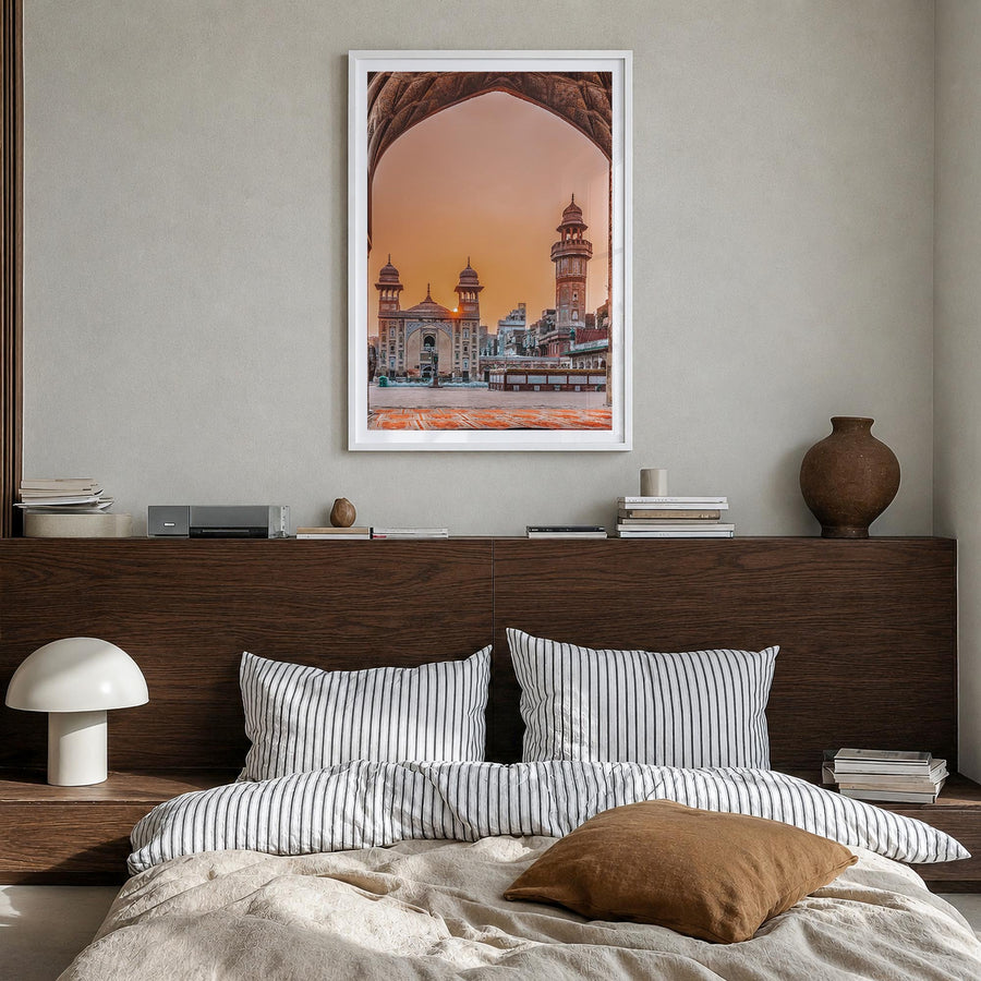 Lahore colorful photo poster of Pakistan – vertical wall art in white wood frame with white border, hanging on wall