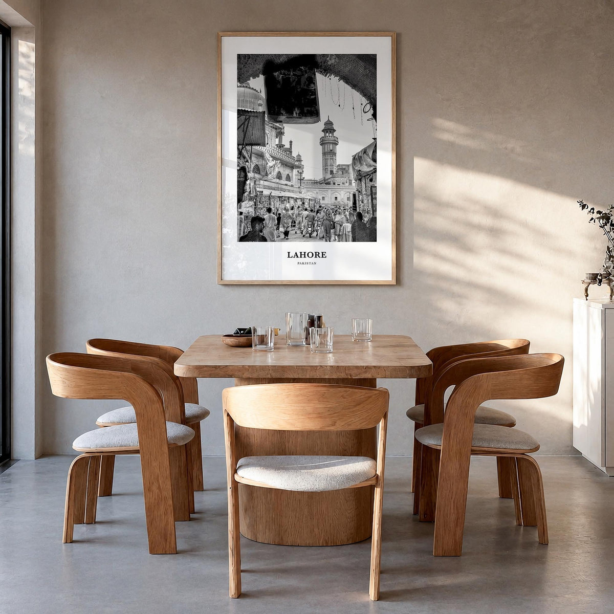 Lahore no. 1 black & white classic poster of Pakistan – vertical wall art in natural wood frame, hanging on wall