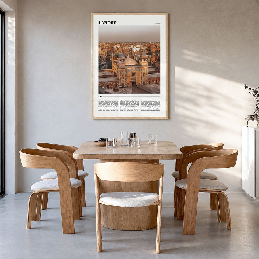 Lahore Travel Poster in a natural wood frame, hanging in a dining room