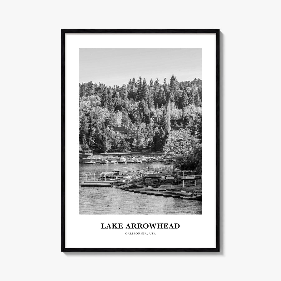 Lake Arrowhead black & white classic poster of California, USA – vertical wall art, unframed print shown in interior mockup