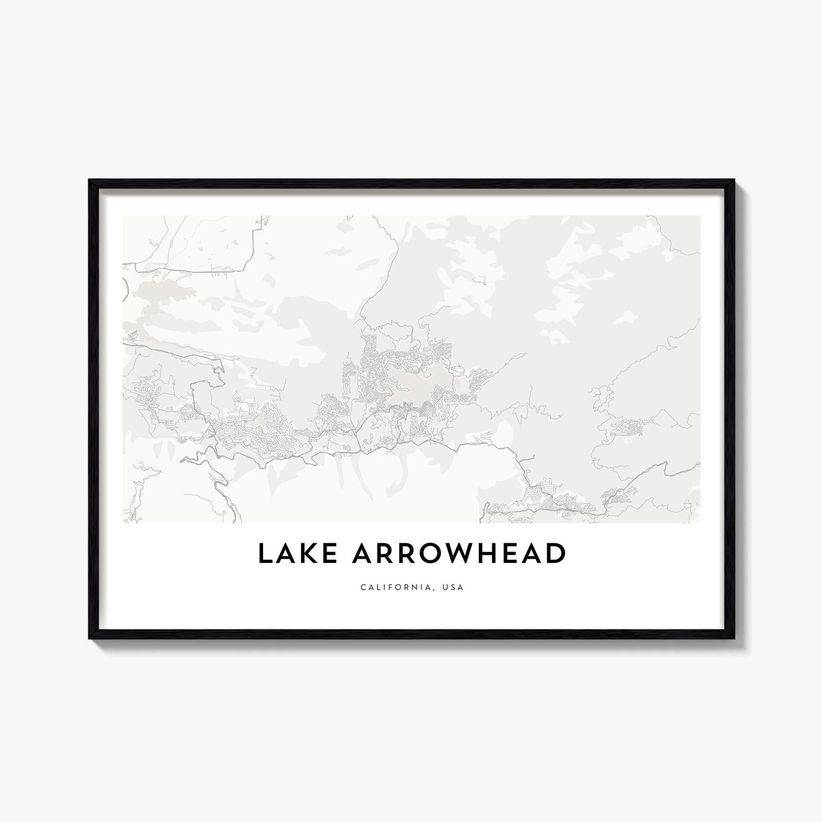 Lake Arrowhead black & white map poster of California, USA – horizontal wall art, unframed print shown in interior mockup