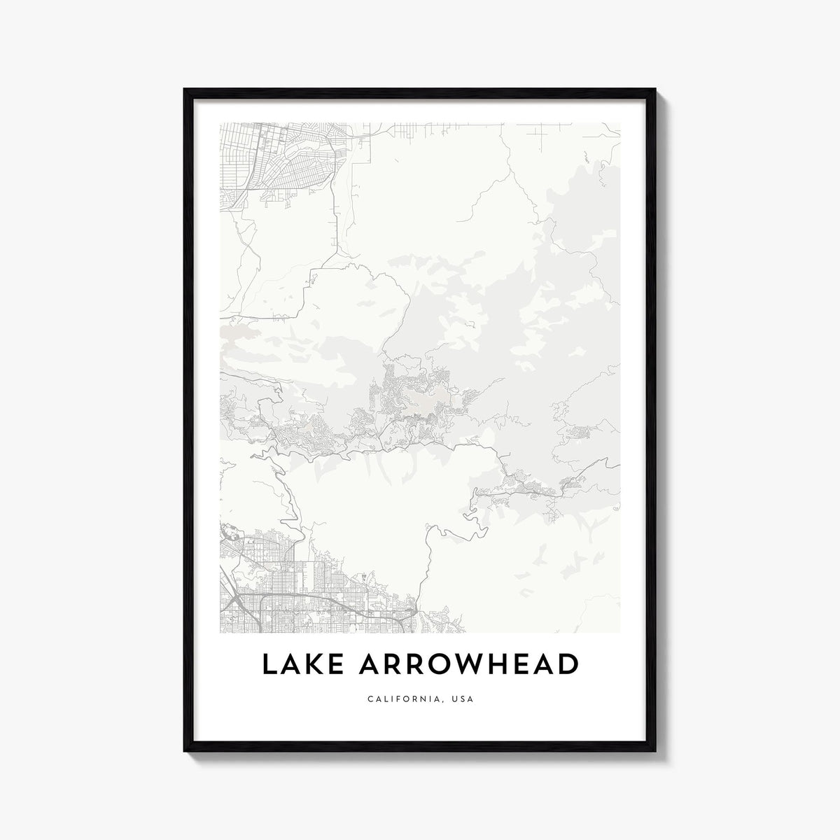 Lake Arrowhead black & white map poster of California, USA – vertical wall art, unframed print shown in interior mockup